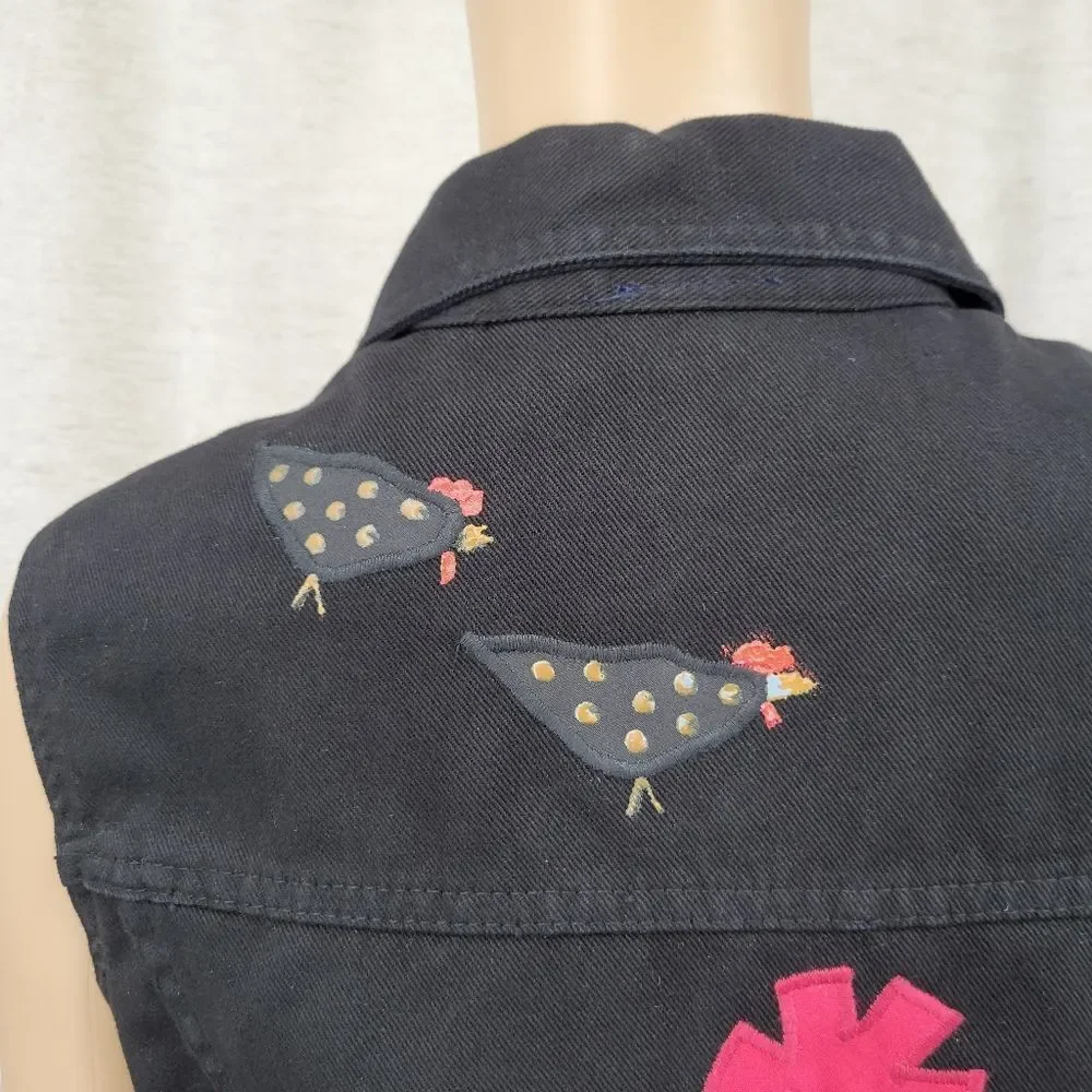 Vintage 80s Black Denim Vest with Embroidered Patches Chickens Farmcore - Picture 12 of 16